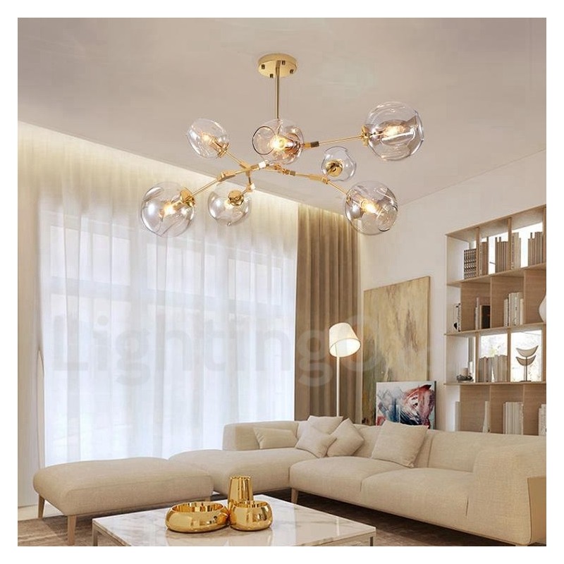Lámpara de araña moderna contemporánea de 7 luces con pantalla de vidrio transparente y lámpara