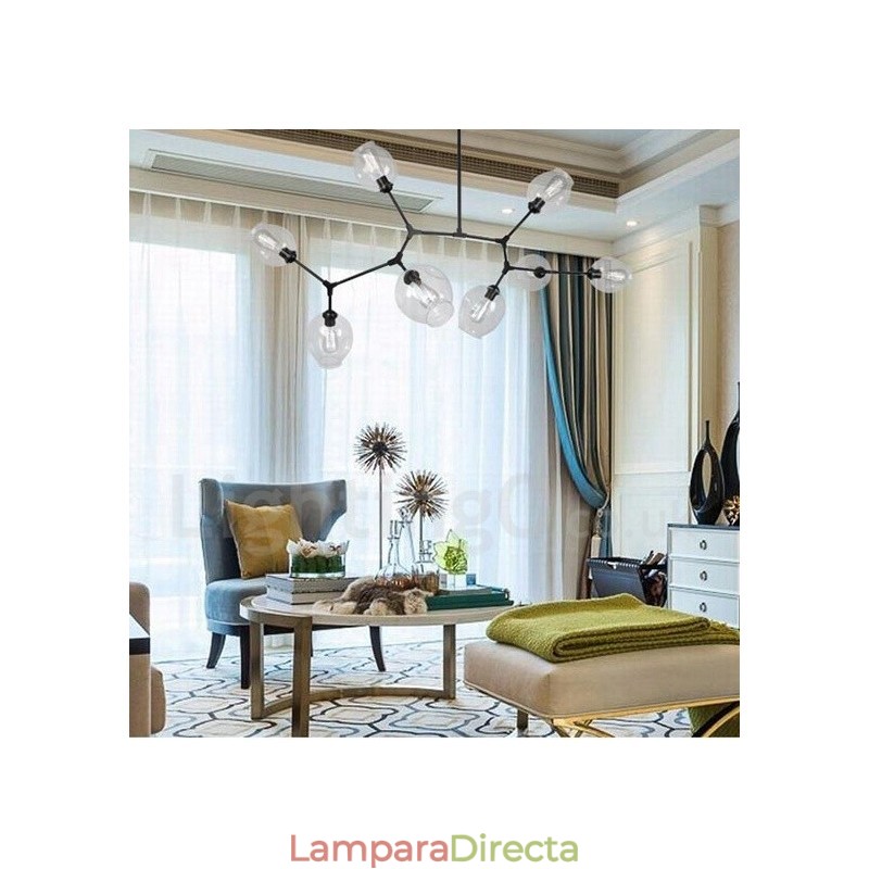 Lámpara de araña moderna contemporánea de 8 luces con pantalla de cristal transparente y lámpara (negra y dorada)