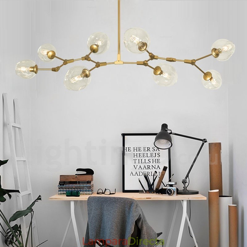 Lámpara de araña moderna contemporánea de 8 luces con pantalla de cristal transparente y lámpara (negra y dorada)