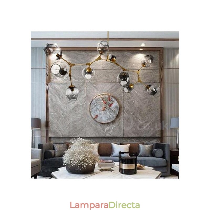 Lámpara de araña dorada de 10 luces con pantalla de cristal, estilo moderno y contemporáneo.