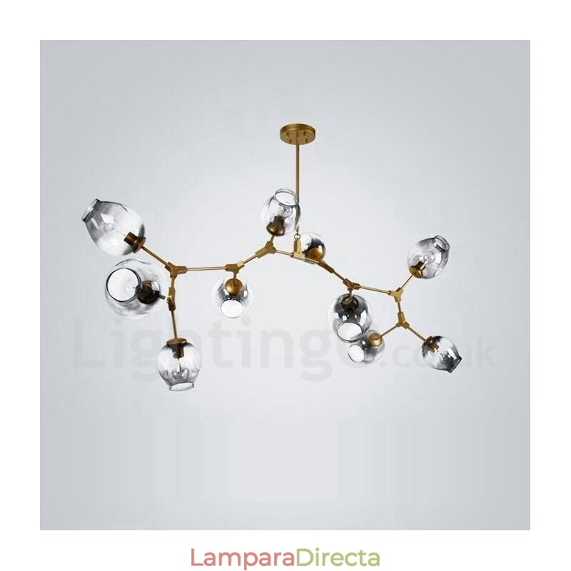 Lámpara de araña dorada de 10 luces con pantalla de cristal, estilo moderno y contemporáneo.