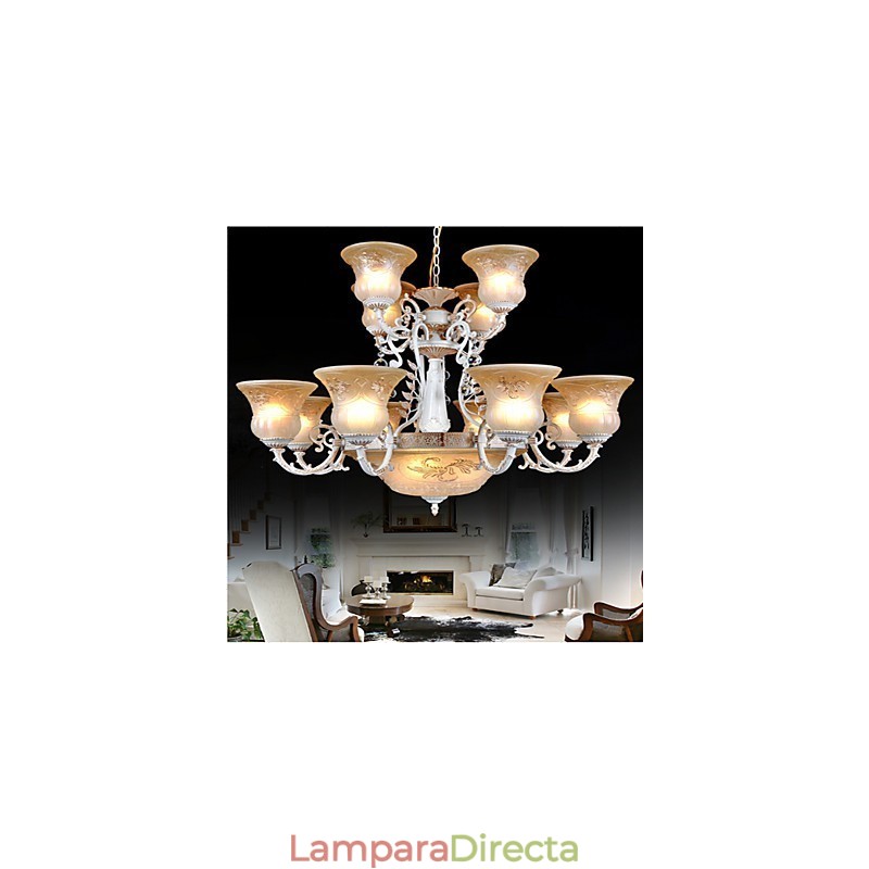 Lámpara de araña blanca de quince luces con pantalla de cristal dorada a mano, estilo retro clásico europeo.