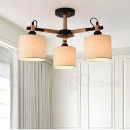 Lámpara de araña moderna contemporánea de madera de un solo nivel de 3 luces con pantalla de tela en forma de tambor y