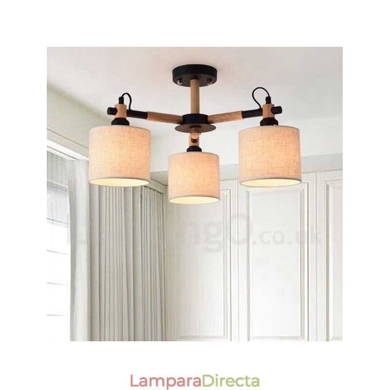 Lámpara de araña moderna contemporánea de madera de un solo nivel de 3 luces con pantalla de tela en forma de tambor y