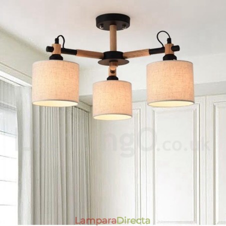 Lámpara de araña moderna contemporánea de madera de un solo nivel de 3 luces con pantalla de tela en forma de tambor y Lámpara de araña moderna contemporánea de madera de un solo nivel de 3 luces con pantalla de tela en forma de tambor y