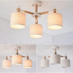 Lámpara de araña moderna contemporánea de madera de un solo nivel de 3 luces con pantalla de tela en forma de tambor y