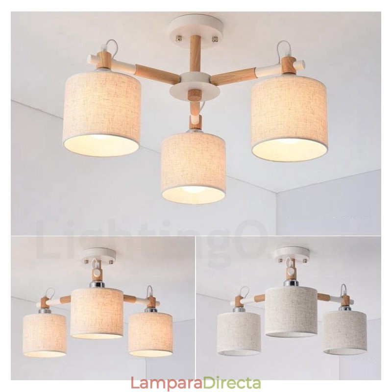 Lámpara de araña moderna contemporánea de madera de un solo nivel de 3 luces con pantalla de tela en forma de tambor y