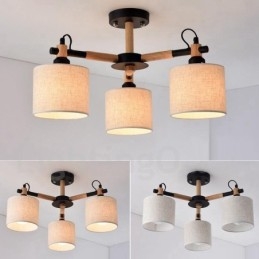 Lámpara de araña moderna contemporánea de madera de un solo nivel de 3 luces con pantalla de tela en forma de tambor y