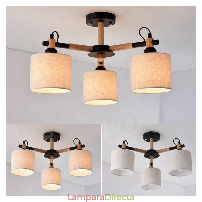 Lámpara de araña moderna contemporánea de madera de un solo nivel de 3 luces con pantalla de tela en forma de tambor y