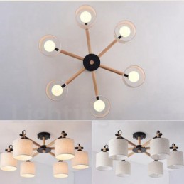 Lámpara de araña moderna y contemporánea de madera de un solo nivel con 6 luces y tela de tambor (blanco y negro)