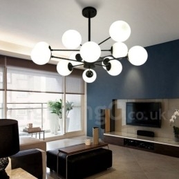 Lámpara de araña de metal negra de 12 luces y 2 niveles con pantalla de cristal, estilo moderno y contemporáneo.