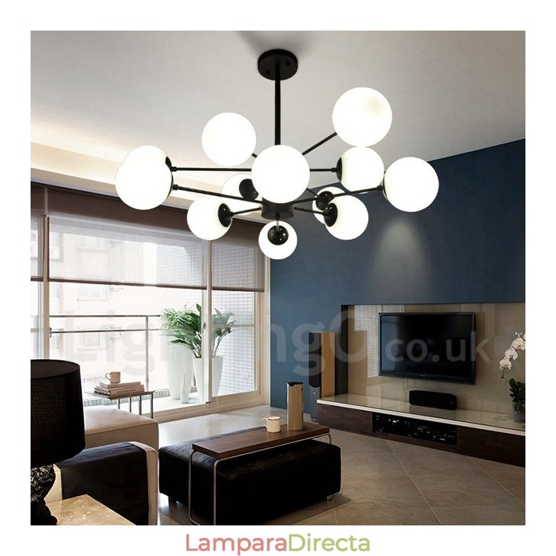 Lámpara de araña de metal negra de 12 luces y 2 niveles con pantalla de cristal, estilo moderno y contemporáneo.