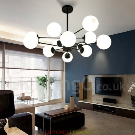 Lámpara de araña de metal negra de 12 luces y 2 niveles con pantalla de cristal, estilo moderno y contemporáneo. Lámpara de araña de metal negra de 12 luces y 2 niveles con pantalla de cristal, estilo moderno y contemporáneo.