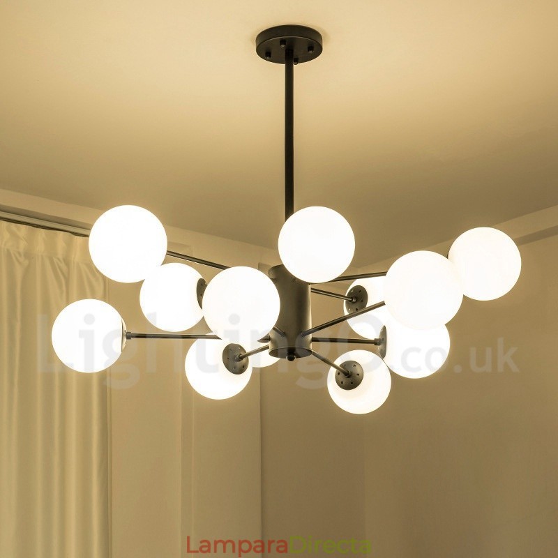Lámpara de araña de metal negra de 12 luces y 2 niveles con pantalla de cristal, estilo moderno y contemporáneo.