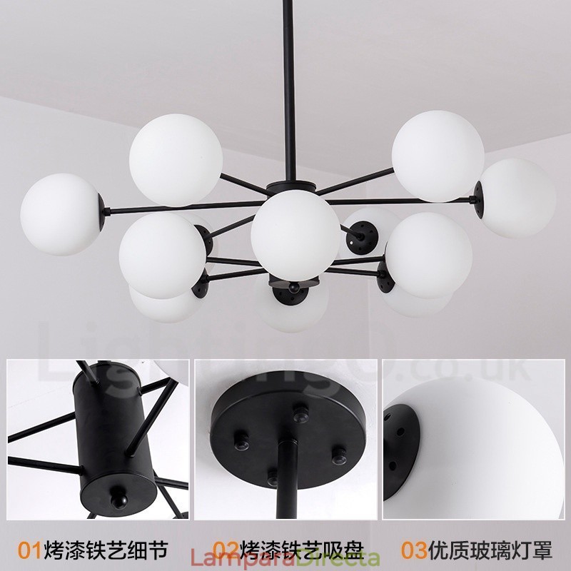 Lámpara de araña de metal negra de 12 luces y 2 niveles con pantalla de cristal, estilo moderno y contemporáneo.