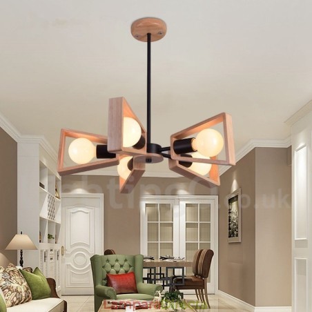 Lámpara de araña de madera de un solo nivel con 5 luces, estilo moderno y contemporáneo Lámpara de araña de madera de un solo nivel con 5 luces, estilo moderno y contemporáneo