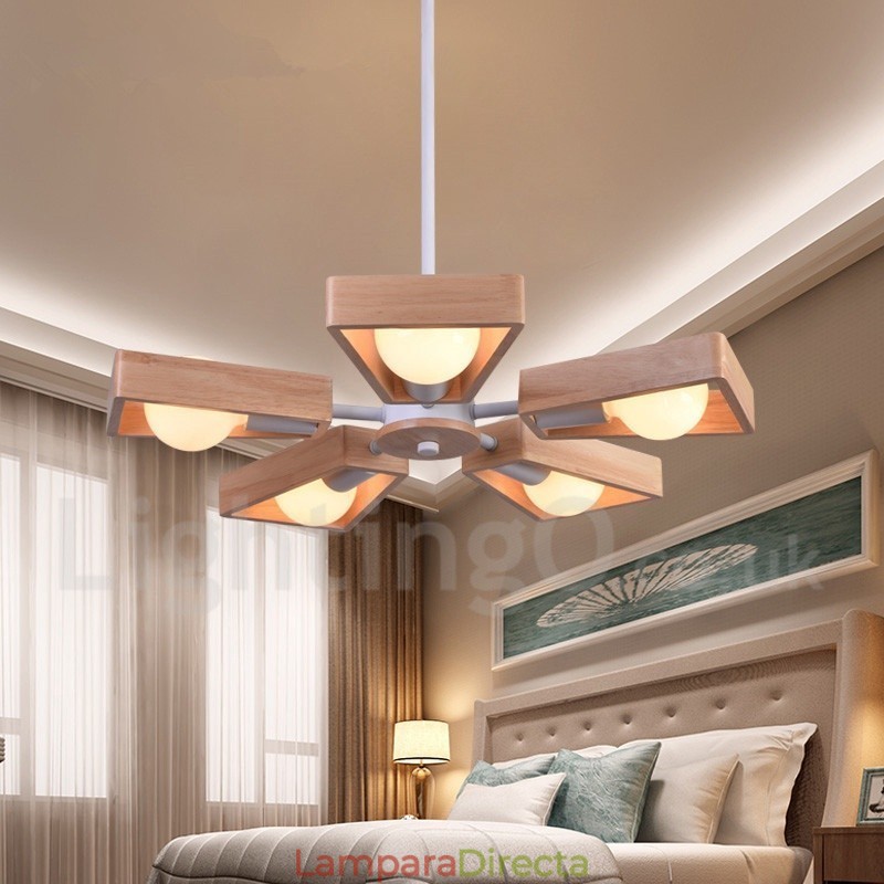 Lámpara de araña de madera de un solo nivel con 5 luces, estilo moderno y contemporáneo