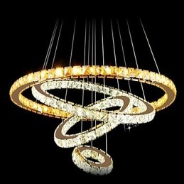 Lámpara colgante de cristal moderna para techo con 4 anillos, anillo grande de cristal ámbar y otros cristales transparentes.