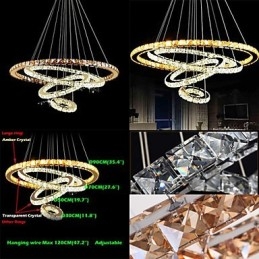 Lámpara colgante de cristal moderna para techo con 4 anillos, anillo grande de cristal ámbar y otros cristales transparentes.