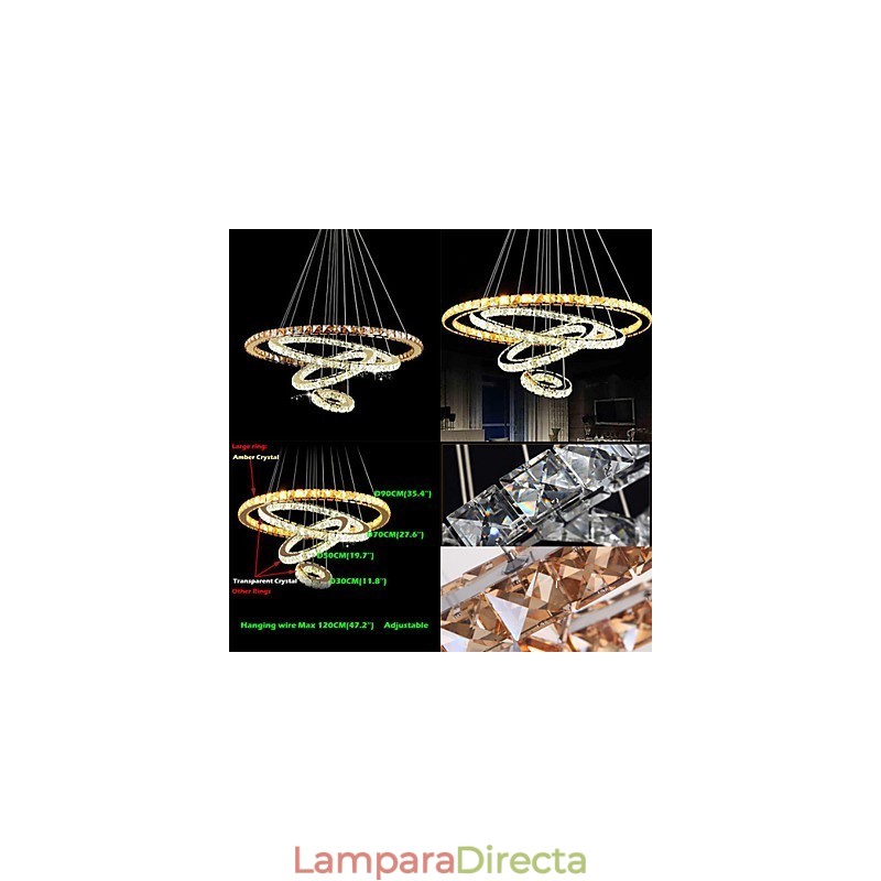 Lámpara colgante de cristal moderna para techo con 4 anillos, anillo grande de cristal ámbar y otros cristales transparentes.
