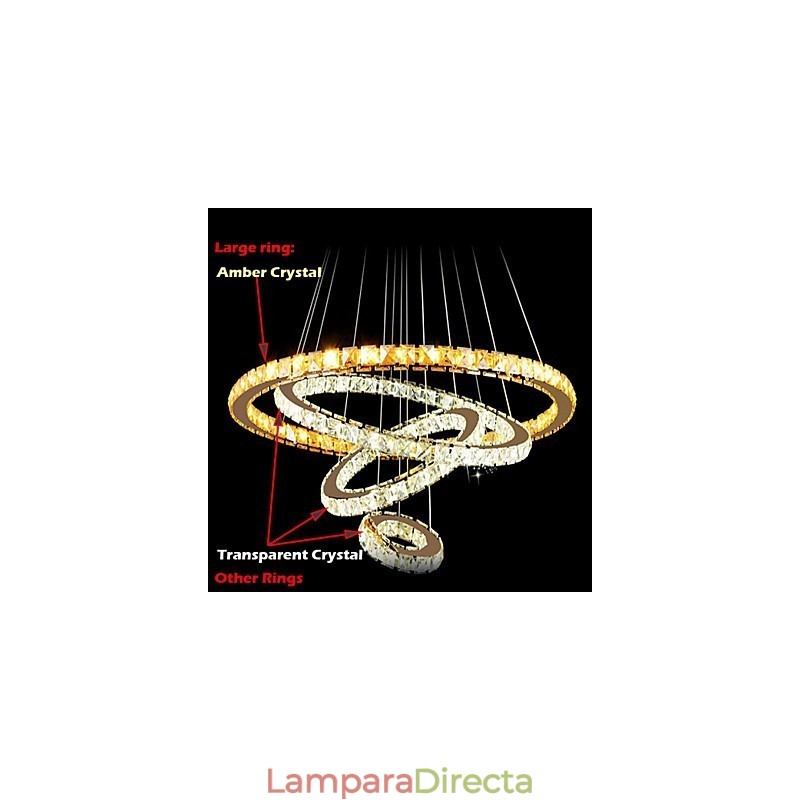 Lámpara colgante de cristal moderna para techo con 4 anillos, anillo grande de cristal ámbar y otros cristales transparentes.