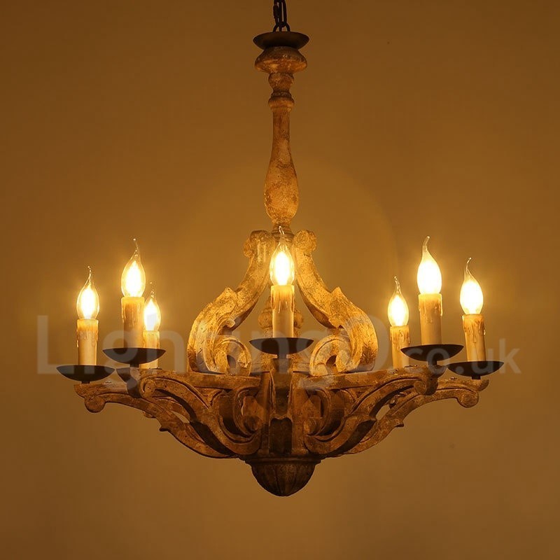 Lámpara de araña de madera retro vintage de 8 luces