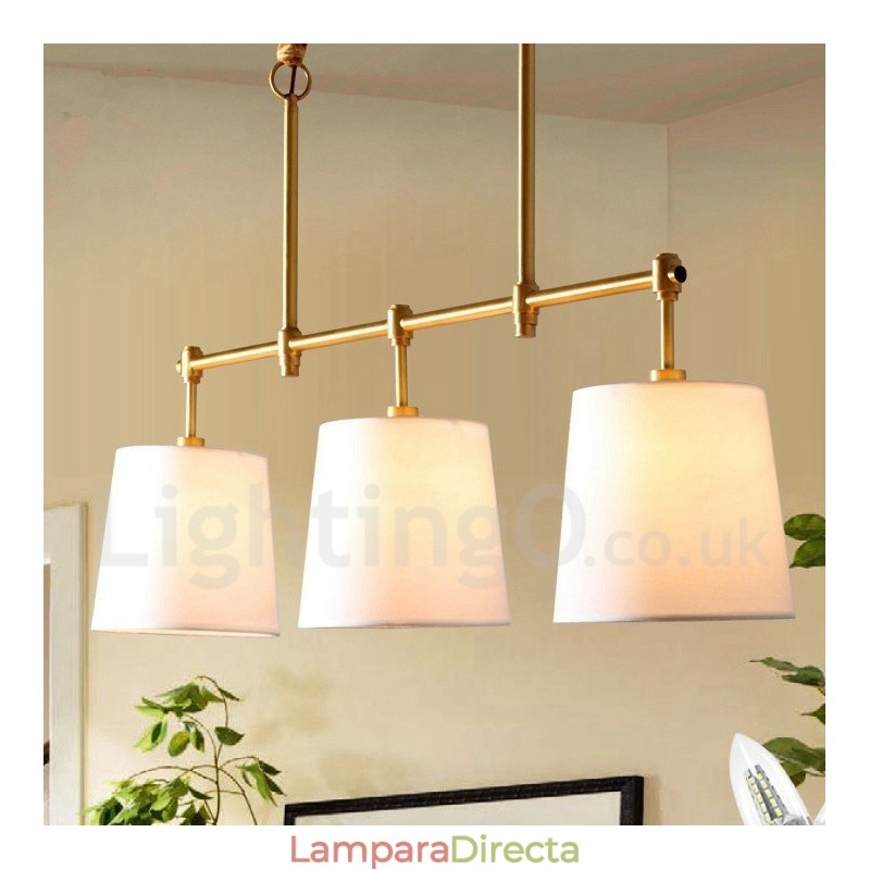 Lámpara de araña de cobre de 3 luces estilo retro campestre con pantalla de tela