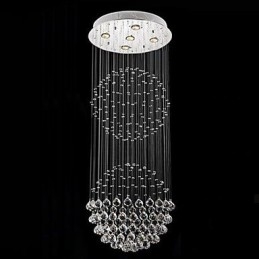 Lámpara colgante moderna de cristal de 5 luces con dosel plateado y globo de cristal transparente.