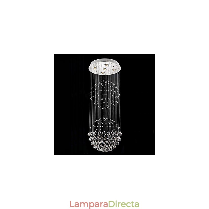 Lámpara colgante moderna de cristal de 5 luces con dosel plateado y globo de cristal transparente.
