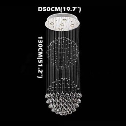 Lámpara colgante moderna de cristal de 5 luces con dosel plateado y globo de cristal transparente.