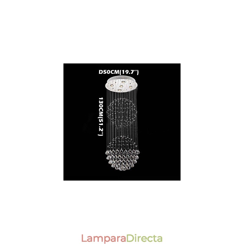 Lámpara colgante moderna de cristal de 5 luces con dosel plateado y globo de cristal transparente.