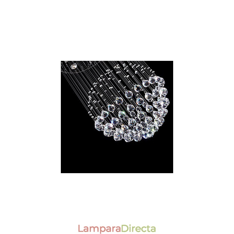 Lámpara colgante moderna de cristal de 5 luces con dosel plateado y globo de cristal transparente.