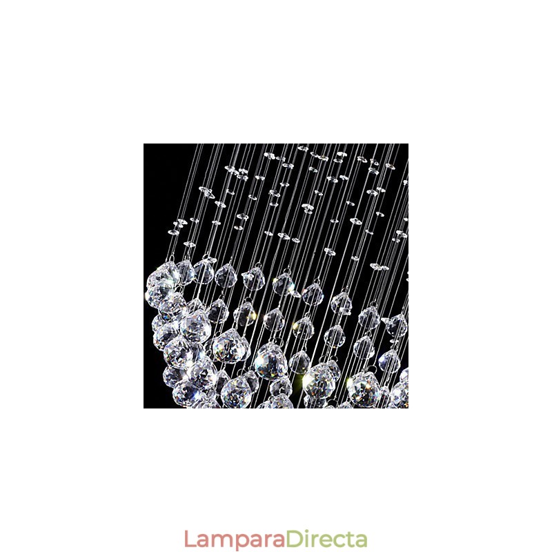 Lámpara colgante moderna de cristal de 5 luces con dosel plateado y globo de cristal transparente.