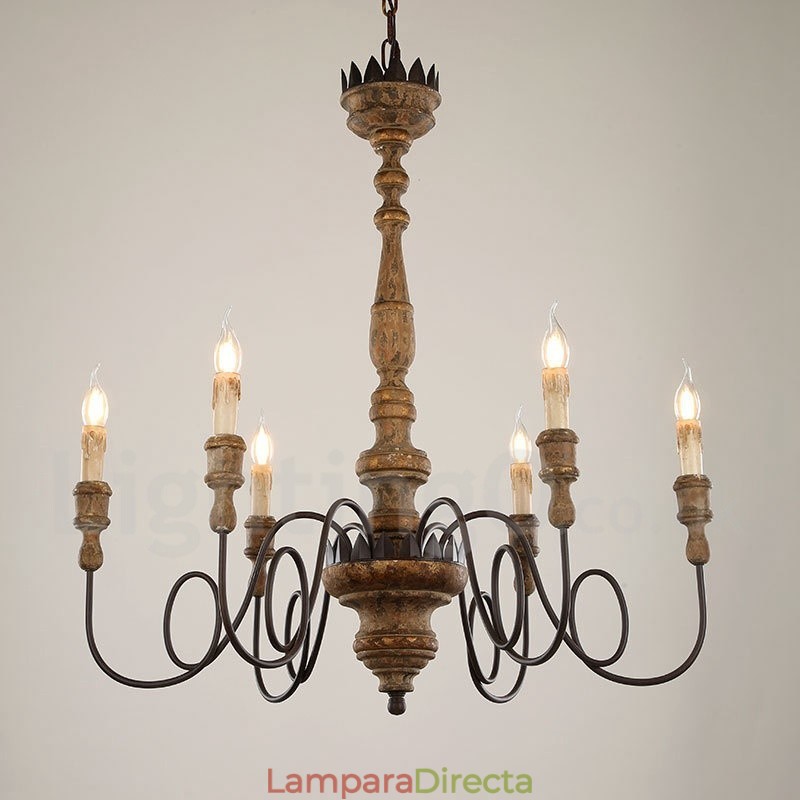 Lámpara de araña de madera vintage de estilo campestre con 6 luces