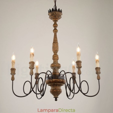 Lámpara de araña de madera vintage de estilo campestre con 6 luces Lámpara de araña de madera vintage de estilo campestre con 6 luces