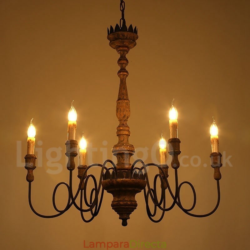 Lámpara de araña de madera vintage de estilo campestre con 6 luces