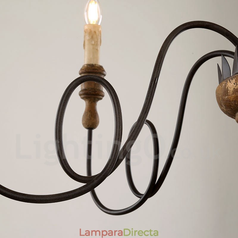 Lámpara de araña de madera vintage de estilo campestre con 6 luces
