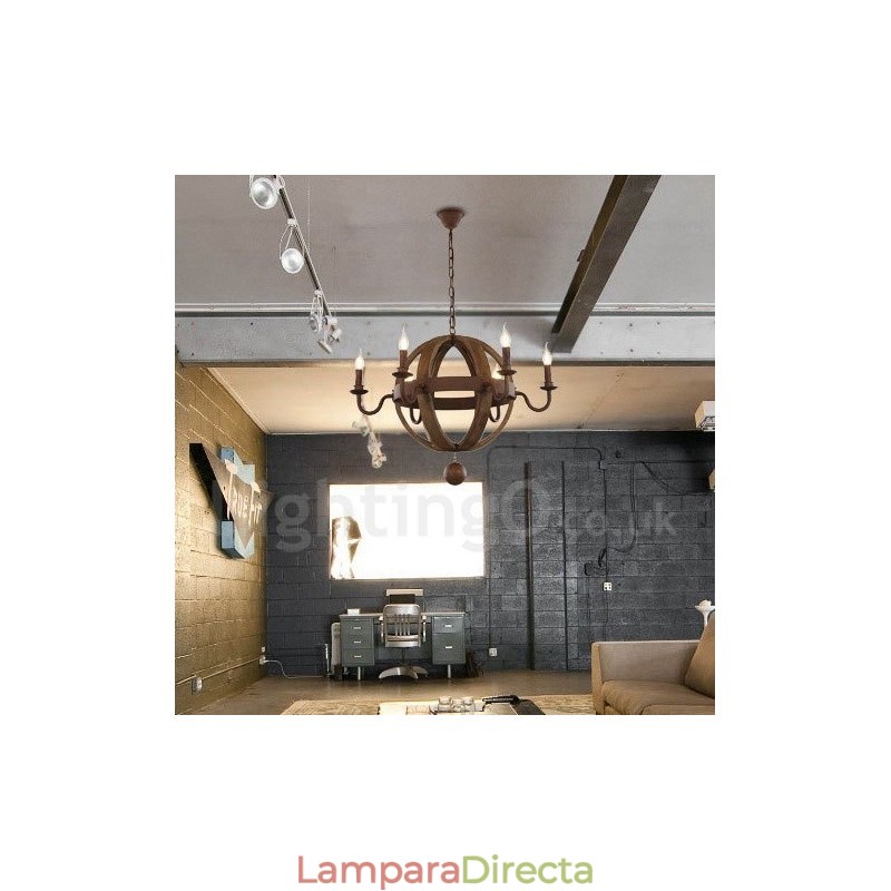 Lámpara de araña de madera vintage de estilo campestre con 6 luces