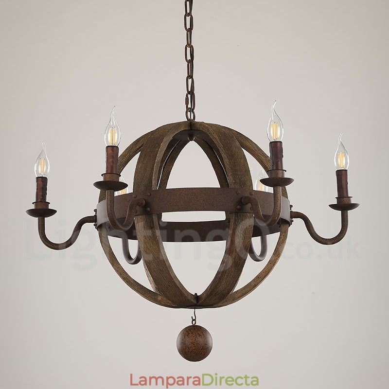 Lámpara de araña de madera vintage de estilo campestre con 6 luces