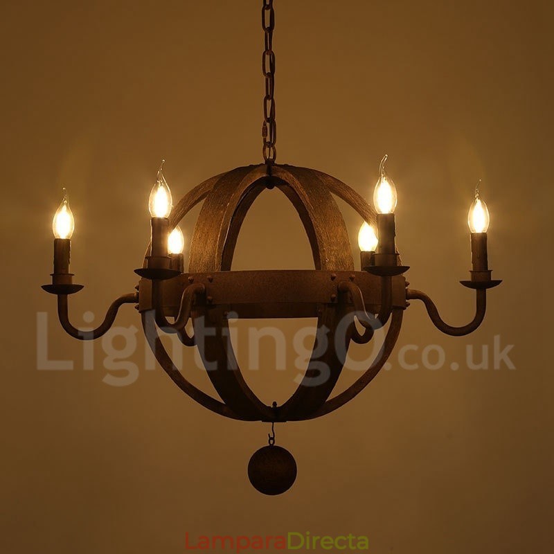 Lámpara de araña de madera vintage de estilo campestre con 6 luces