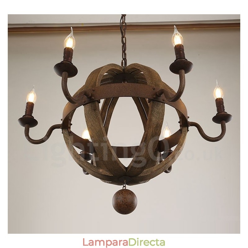 Lámpara de araña de madera vintage de estilo campestre con 6 luces