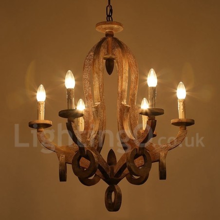 Lámpara de araña vintage de madera rústica de un solo nivel con 6 luces de madera clara Lámpara de araña vintage de madera rústica de un solo nivel con 6 luces de madera clara