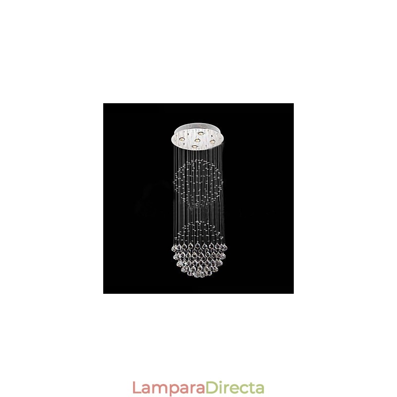 Lámpara colgante moderna de cristal de 5 luces con dosel plateado y globo de cristal transparente.