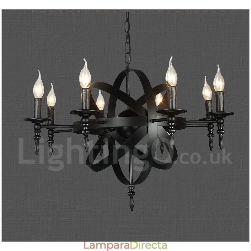 Lámpara de araña de un solo nivel de 8 luces de metal retro vintage negro