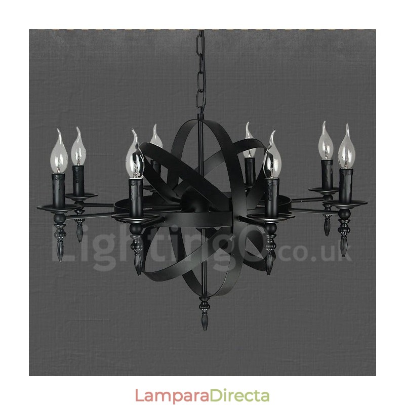 Lámpara de araña de un solo nivel de 8 luces de metal retro vintage negro