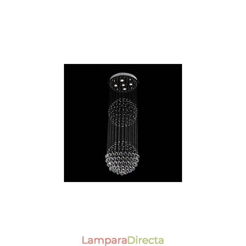 Lámpara colgante moderna de cristal de 5 luces con dosel plateado y globo de cristal transparente.