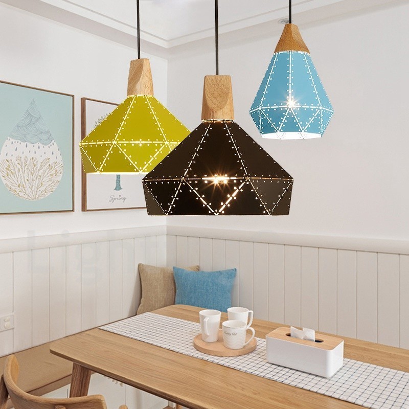 Lámpara colgante moderna contemporánea de metal y madera de 1 luz