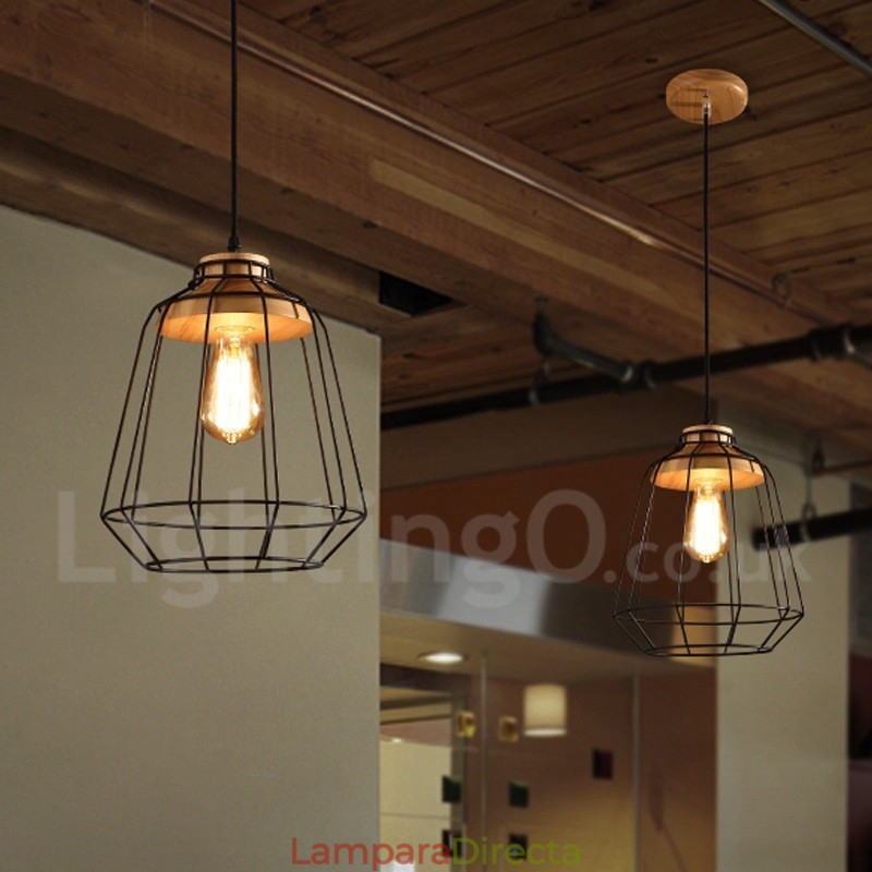 Lámpara colgante de madera y metal vintage