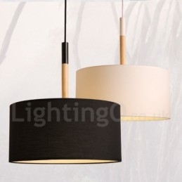 Lámpara colgante moderna y contemporánea de madera con forma de tambor y pantalla de tela