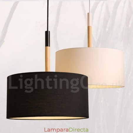 Lámpara colgante moderna y contemporánea de madera con forma de tambor y pantalla de tela Lámpara colgante moderna y contemporánea de madera con forma de tambor y pantalla de tela